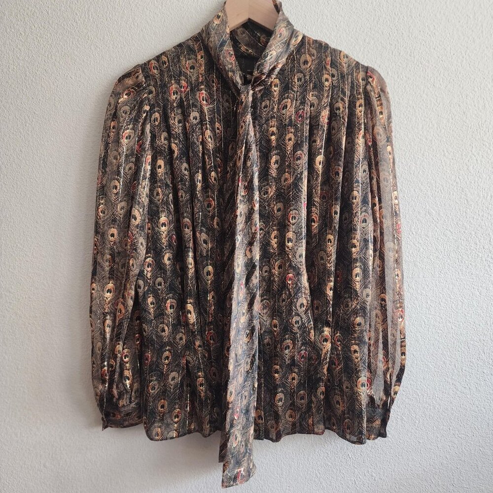 Vintage St John Blouse Womens 10 Black Gold Peacock Feather Sheer Bow 80s Glam